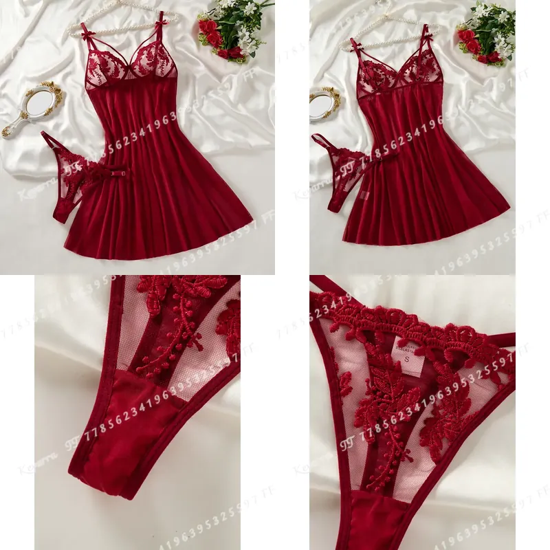 Embroidery Designer - Винно-красная женская ночная сорочка в деревенском
