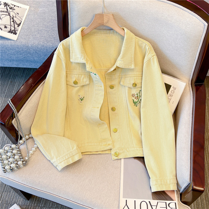 Embroidery Yellow - Корейская винтажная джинсовая куртка с цветочной