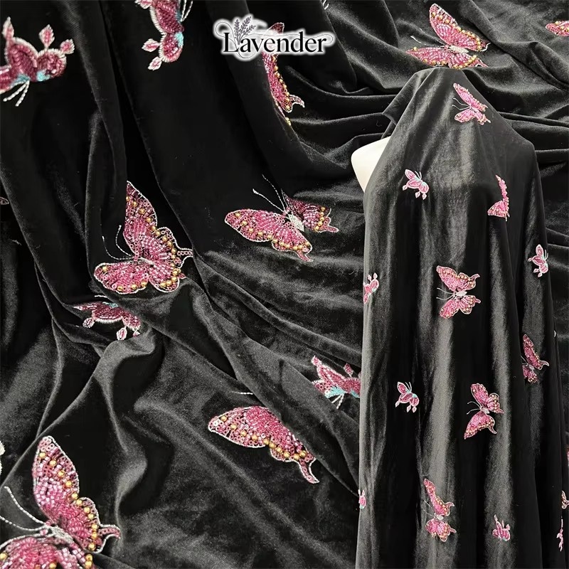 Velvet Fabric Embroidery - Черная мягкая бархатная ткань с вышивкой